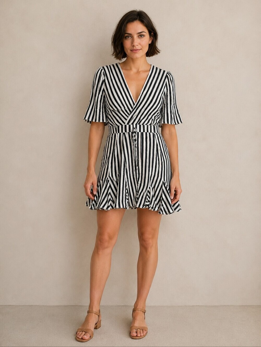 BLACK & WHITE STRIPED WRAP DRESS SIZE LARGE